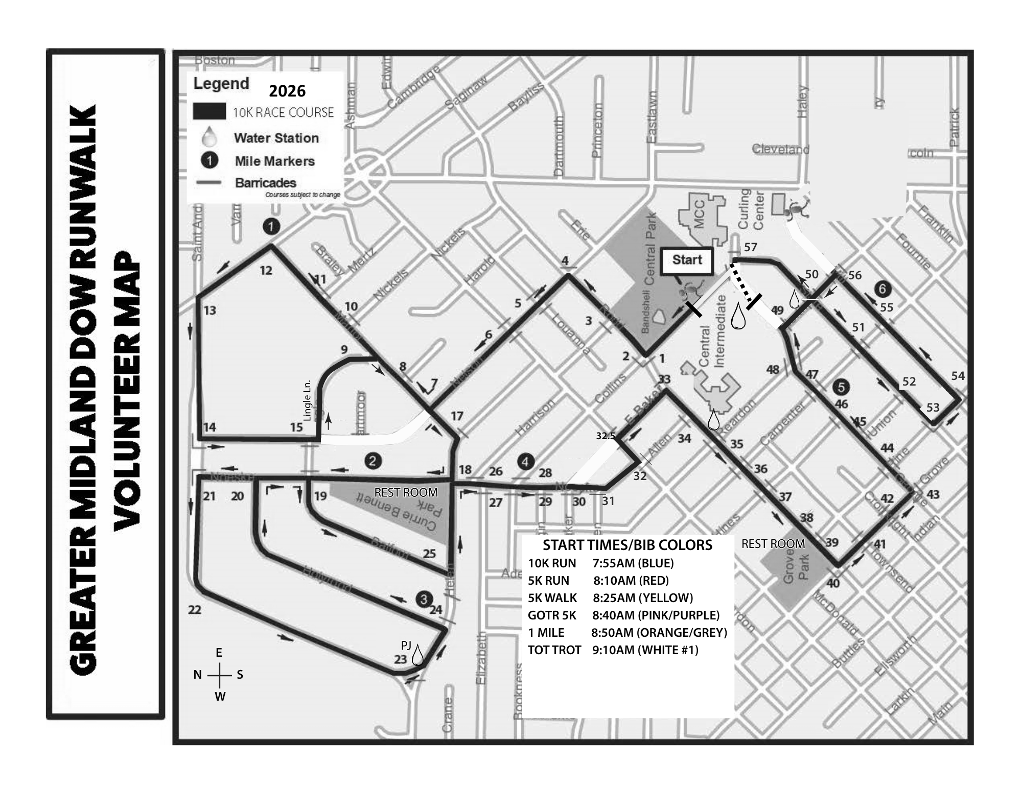 2026 Greater Midland Dow RunWalk race course map with numbered volunteer stations